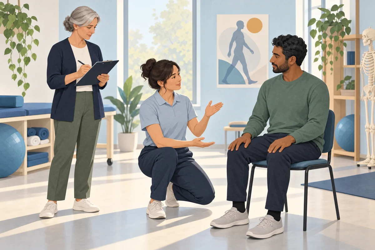 An educator observing a student and patient during an assessment conversation.