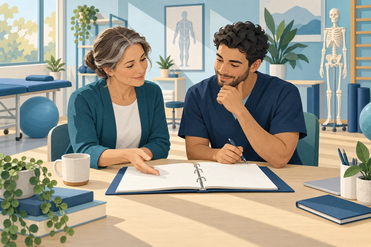 An educator and student reviewing a final assessment portfolio.