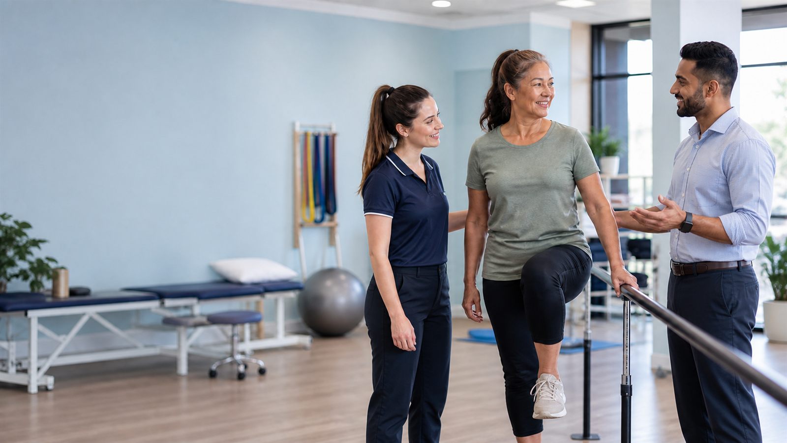 A clinical educator and physiotherapy student supporting a patient during a mobility exercise